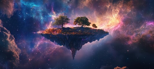 A floating island under a sky filled with merging auroras and nebulae