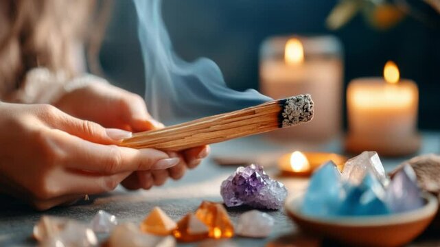 Woman's hands holding a smoldering stick of palo santo, surrounded by crystals and candles.