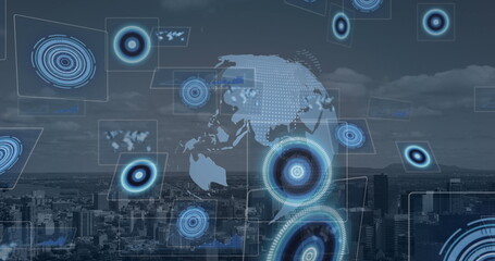 Composition of scopes scanning on screens over globe and cityscape