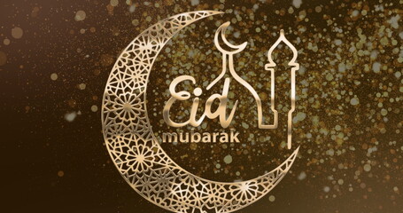 Naklejka premium Image of text eid mubarak with mosque and crescent moon in gold, with floating lights on black