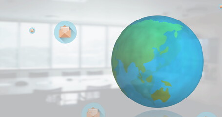 Image of mail icons and globe spinning over empty office