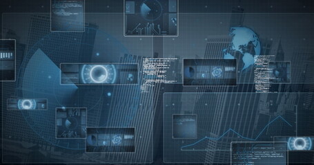 Composition of data processing on screens over globe and cityscape