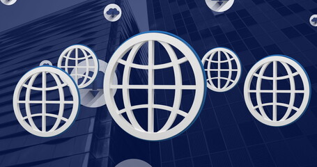 Image of globe and cloud icons with arrows and globe spinning over modern buildings