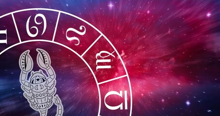 Image of scorpio star sign symbol in spinning horoscope wheel over glowing stars © vectorfusionart
