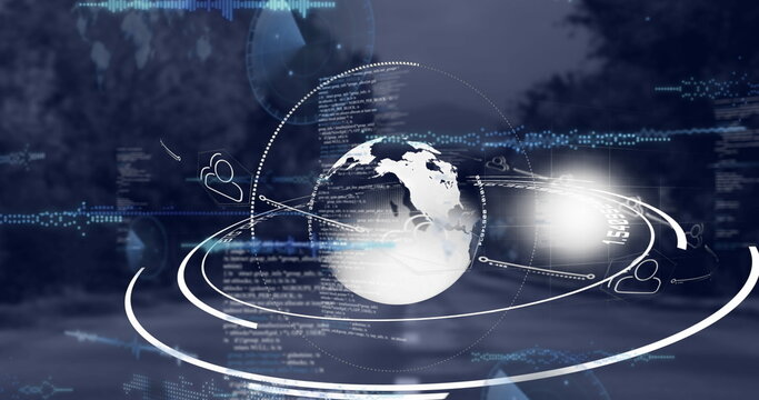Composition of digital icons and data processing over globe and landscape - Powered by Adobe
