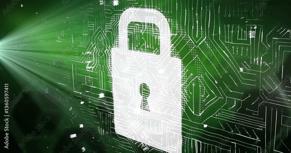 Poster Image of online security padlock with data processing on circuit board in background