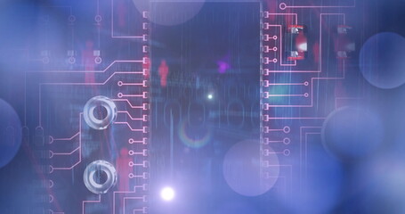 Image of binary coding and data processing on glowing computer circuit board
