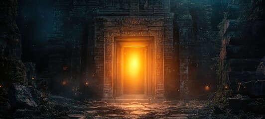 Fototapeta premium A glowing light emanating from an ancient temple entrance crisp edges
