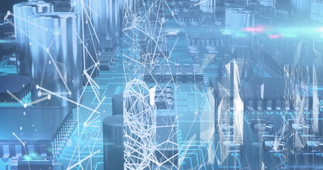 Image of data processing on glowing computer circuit board
