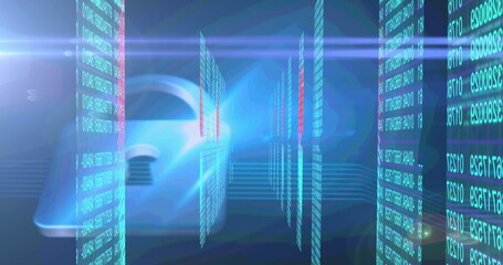 Image of online security padlock with data processing in background