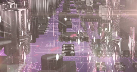 Image of data processing on glowing computer circuit board