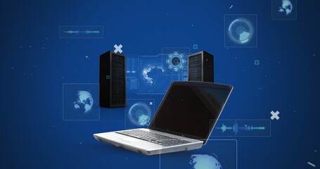 Image of scope scanning and data processing on screens over laptop and servers