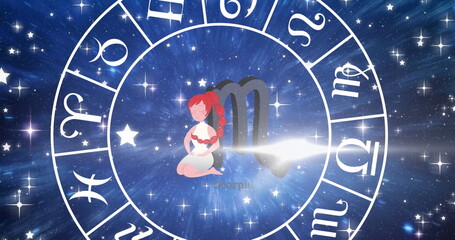 Fototapeta premium Image of spinning star sign wheel with scorpio sign and stars