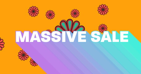 Naklejka premium Image of massiver sale text over flowers on orange background