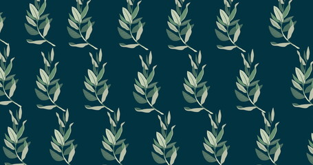 Naklejka premium Image of multiple green leaves moving over dark green background