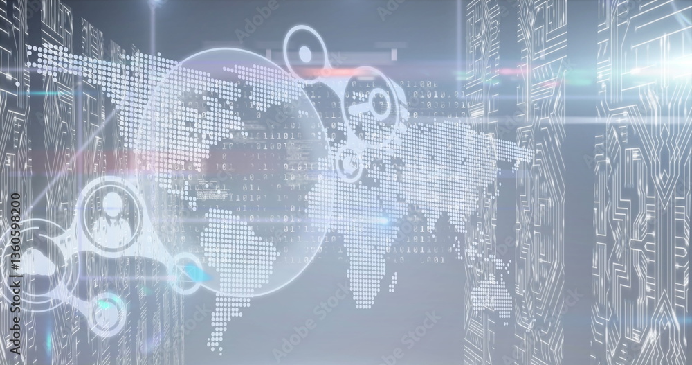Poster image of globe and data processing over world map and screen on blue background