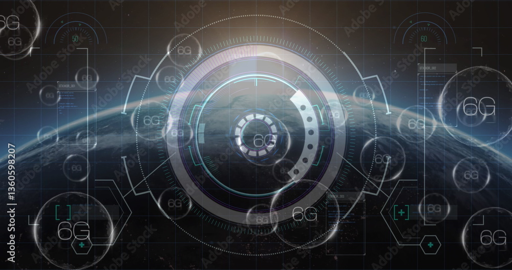 Poster image of 6g text, scopes scanning and data processing over digital screen