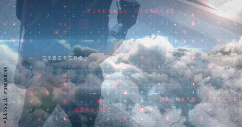 Poster image of online security and data processing over businessman and clouds