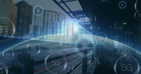 Image of 5g text on scopes and data processing over cityscape