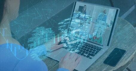 Image of online security padlock and biometric fingerprint over people on laptop image call