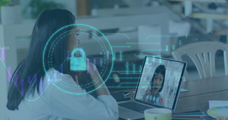 Image of online security padlock and digital icons over woman on laptop image call