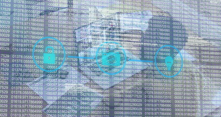 Image of online security padlock digital icons and numbers over woman on laptop image call