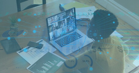 Image of online security padlock and digital icons over woman on laptop image call