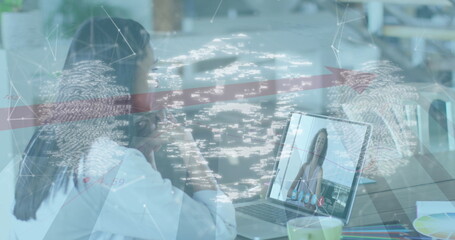 Image of online security padlock and biometric fingerprint over woman on laptop image call