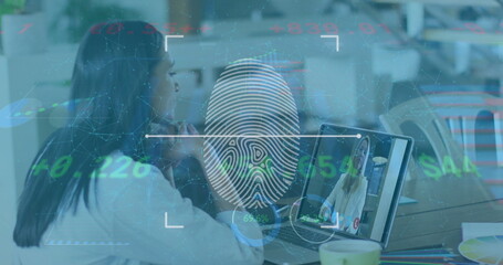 Image of online biometric fingerprint over woman on laptop image call