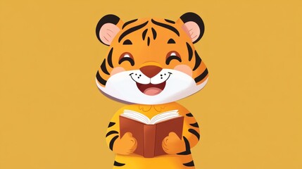 Cute cartoon tiger in yellow dress, smiling happily, holding a book, cartoon cute style 12