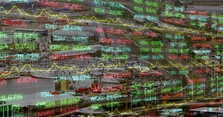Image of financial data processing over cityscape