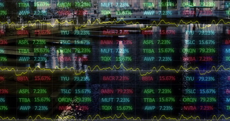 Image of financial data processing over cityscape