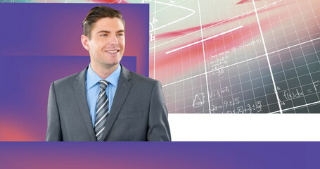 Caucasian businessman using diigtal tablet against mathematical equations against purple background