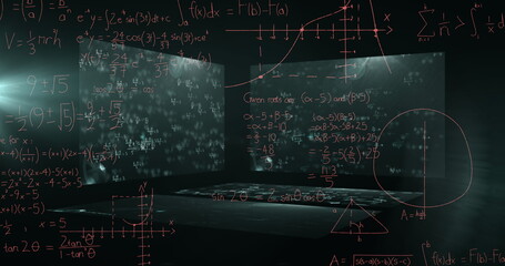Image of data processing and mathematical equations over screens