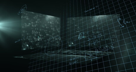 Image of data processing and mathematical equations over screens