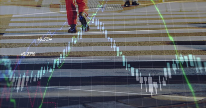 Image of financial data processing over zebra crossing in city street