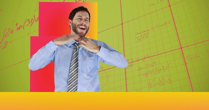 Image of data processing and mathematical equations over man feeling heat