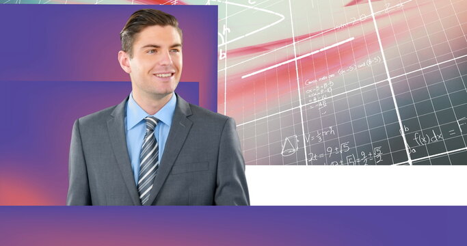 Caucasian businessman using diigtal tablet against mathematical equations against purple background