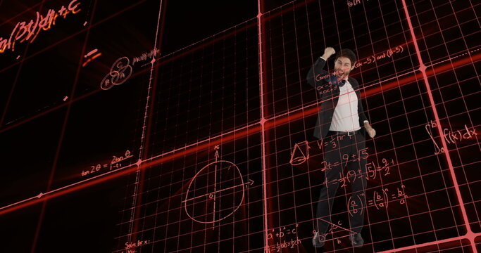 Image of data processing and mathematical equations over businessman jumping with joy - Powered by Adobe