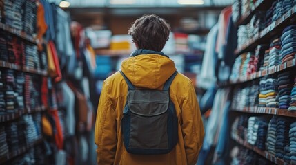 Young person browsing clothing store aisle,  looking at merchandise