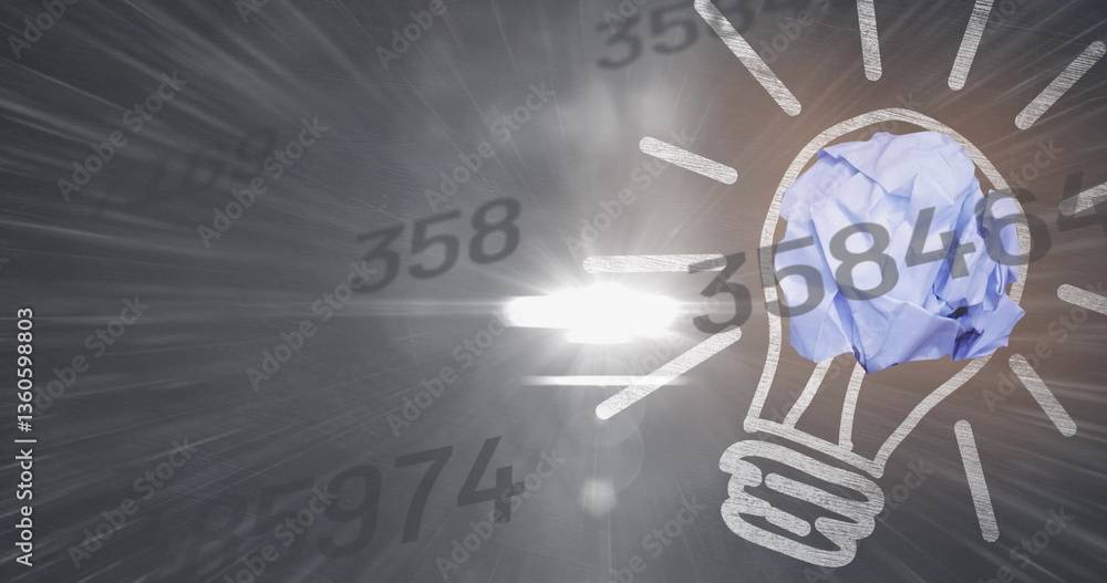 Poster digital image of multiple changing numbers and light bulb against spot of light
