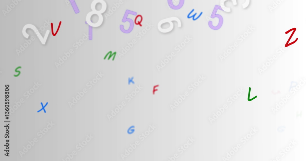 Poster digital image of multiple changing numbers and alphabets floating against grey background