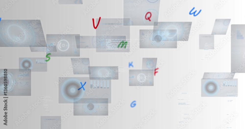 Poster image of numbers changing and data processing over screens on white background