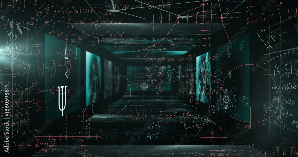 Poster mathematical equations floating against screens with mathematical symbols on green background