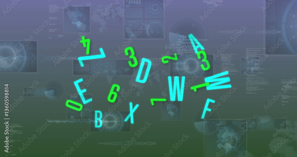 Poster image of numbers changing and data processing over screens on grey background