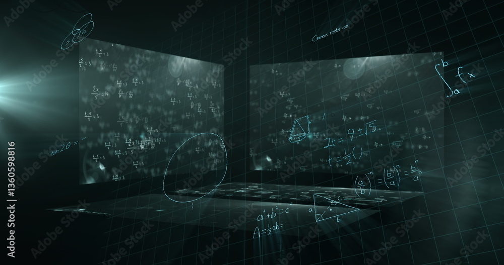 Poster mathematical equations floating against screens with mathematical symbols on green background