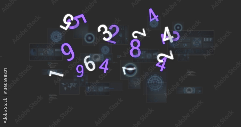 Poster image of numbers changing and data processing over screens on grey background