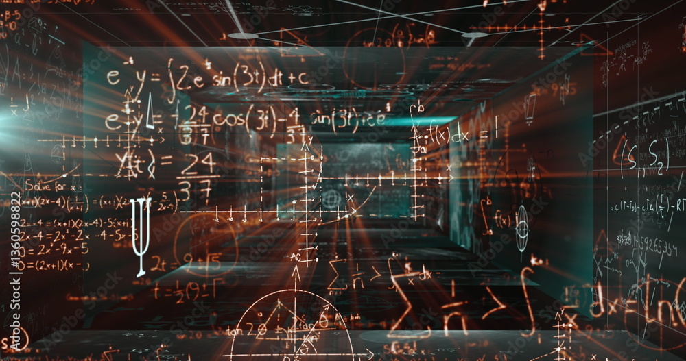 Poster mathematical equations floating against screens with mathematical symbols on green background