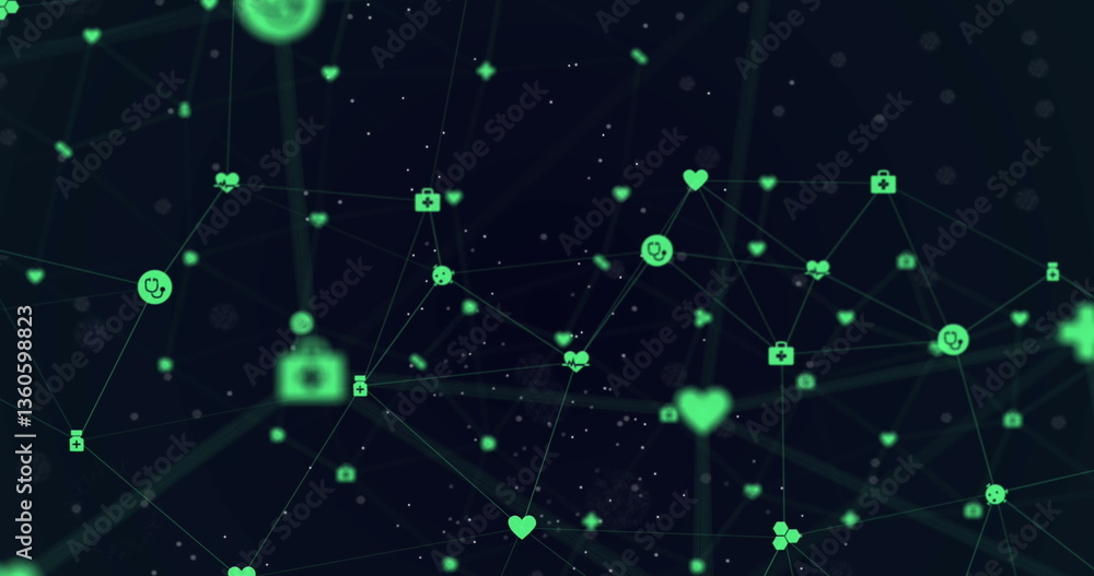 Poster image of network of connections with digital icons on black background