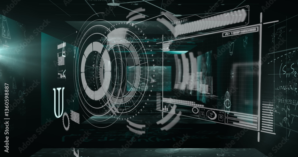 Poster round scanner and data processing against screens with mathematical equations on green background